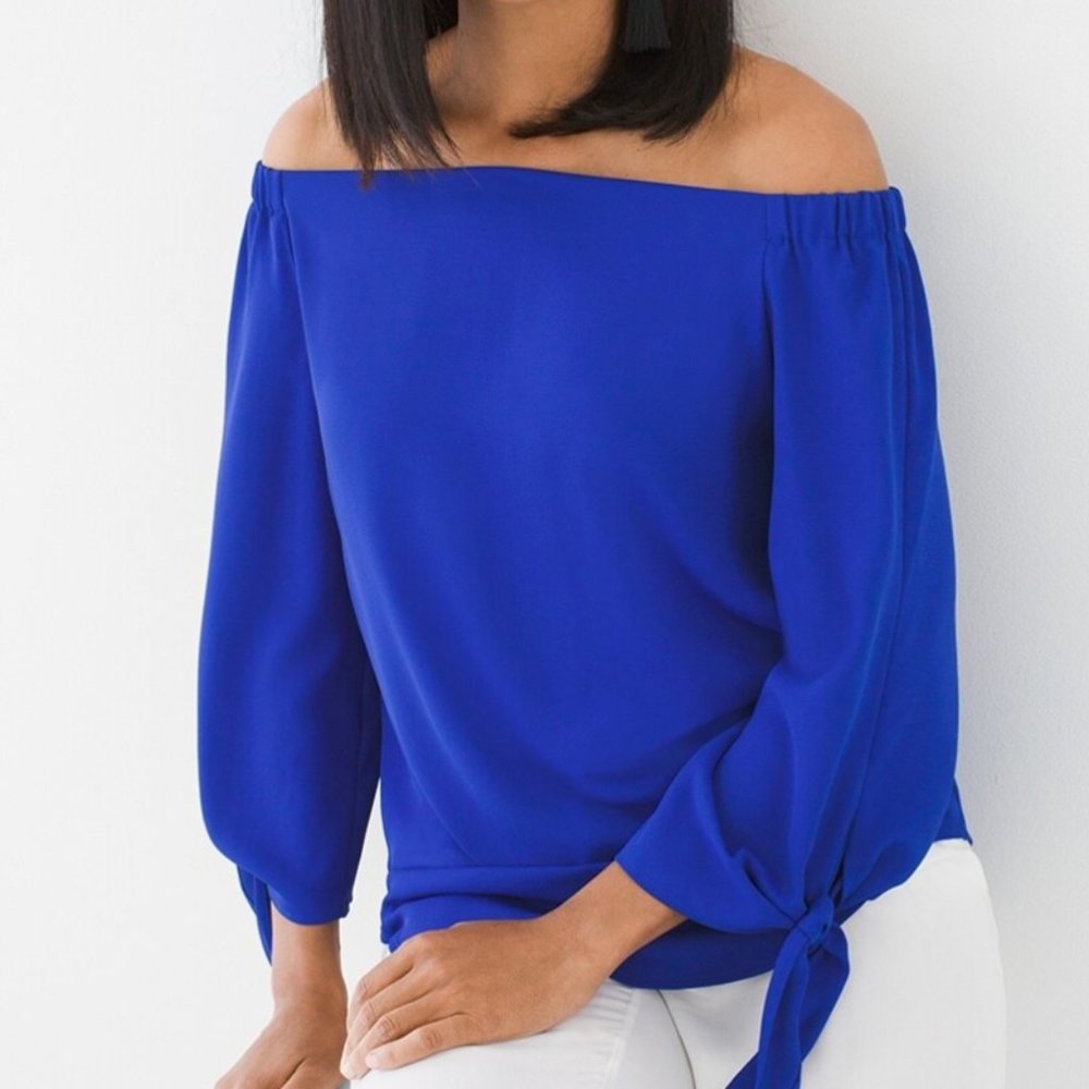 Off-The-Shoulder, 3/4 Tie-Sleeve Top | Medium, Blue